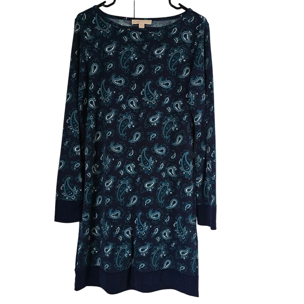 Michael Kors EUC‎ Navy Teal White Paisley Midi Long Sleeve Dress Medium